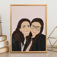 Personalized best friend portrait gift for graduation or birthdays. Hand-drawn digital illustration of two women next to each other, custom BFF artwork by CostanzaToniniDesign, minimalist faceless art style in a white frame.