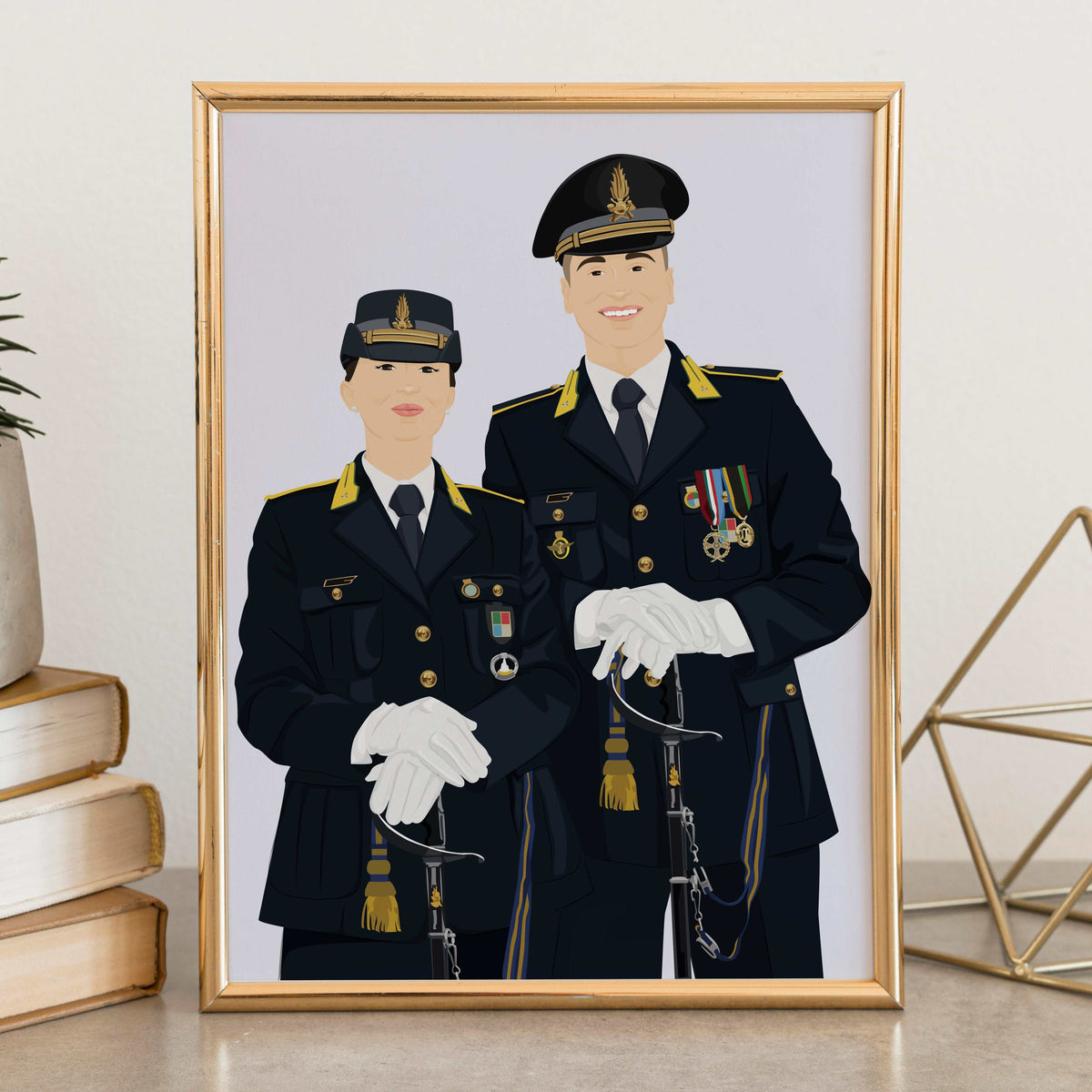 A personalized, faceless digital illustration of a man and a woman in formal Italian Guardia di Finanza (military-style) uniforms, complete with medals, yellow gorget patches, and ceremonial swords. The artwork is presented in a slim gold frame on a stone-textured desk next to a stack of books and a geometric gold ornament.
