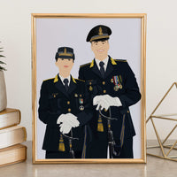 A personalized, faceless digital illustration of a man and a woman in formal Italian Guardia di Finanza (military-style) uniforms, complete with medals, yellow gorget patches, and ceremonial swords. The artwork is presented in a slim gold frame on a stone-textured desk next to a stack of books and a geometric gold ornament.