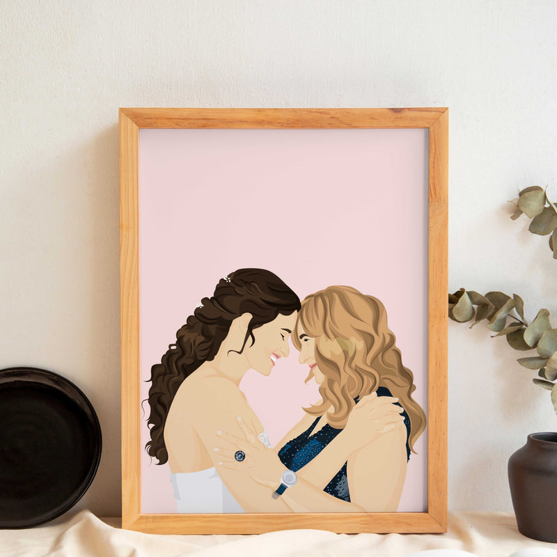 Custom mother of the bride portrait or bridesmaid gift. Hand-drawn digital illustration of a bride and her mother/best friend in a minimalist faceless style. Personalized wedding keepsake art by CostanzaToniniDesign