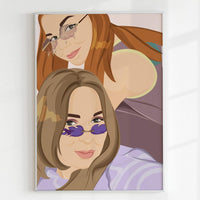 Personalized best friend portrait gift for graduation or birthdays. Hand-drawn digital illustration of two women next to each other, custom BFF artwork by CostanzaToniniDesign, minimalist faceless art style in a white frame.