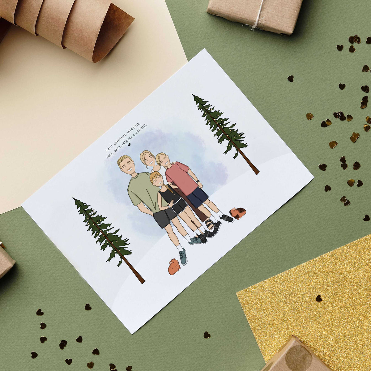 A personalized family portrait for Christmas cards printed as a custom holiday card, depicting a detailed hand-drawn illustration of a family of four, including children and their pets, two guinea pigs, celebrating together in a snowy landscape. A personalized Holiday Greeting Card with a custom text above the illustration.