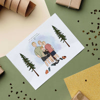 A personalized family portrait for Christmas cards printed as a custom holiday card, depicting a detailed hand-drawn illustration of a family of four, including children and their pets, two guinea pigs, celebrating together in a snowy landscape. A personalized Holiday Greeting Card with a custom text above the illustration.