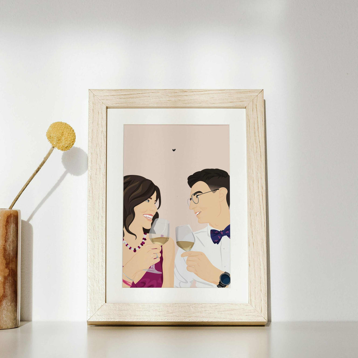 Minimalist couple portrait wall art by CostanzaToniniDesign, man and woman looking at each others and cheers, pink background