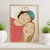 A modern, framed personalized couple portrait. The realistic digital illustration features a man and woman smiling. This personalized anniversary gift, unique wedding present, or contemporary wall art is ideal for stylish home decor.