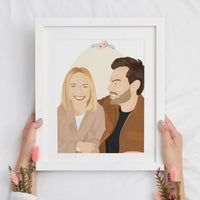 A modern, framed personalized couple portrait. The realistic digital illustration features a man looking at her partner and a woman smiling. This personalized anniversary gift, unique wedding present, or contemporary wall art is ideal for stylish home decor.