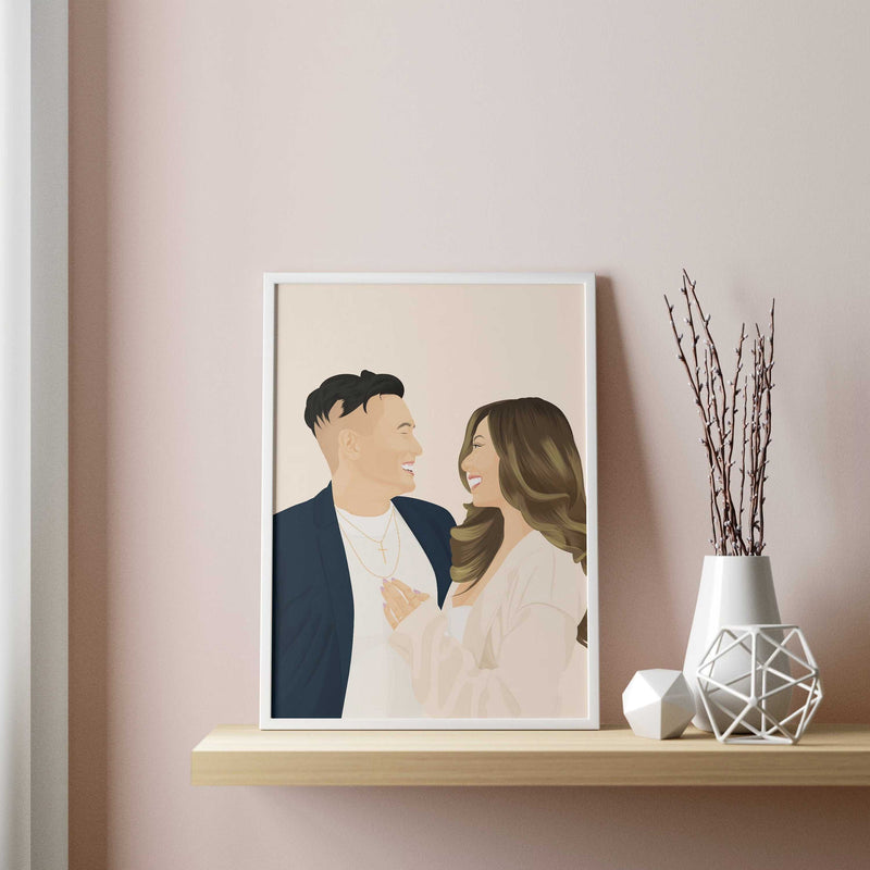 A modern, framed personalized couple portrait. The realistic digital illustration features a man and woman smiling and looking affectionately at each other. This personalized anniversary gift, unique wedding present, or contemporary wall art is ideal for stylish home decor.
