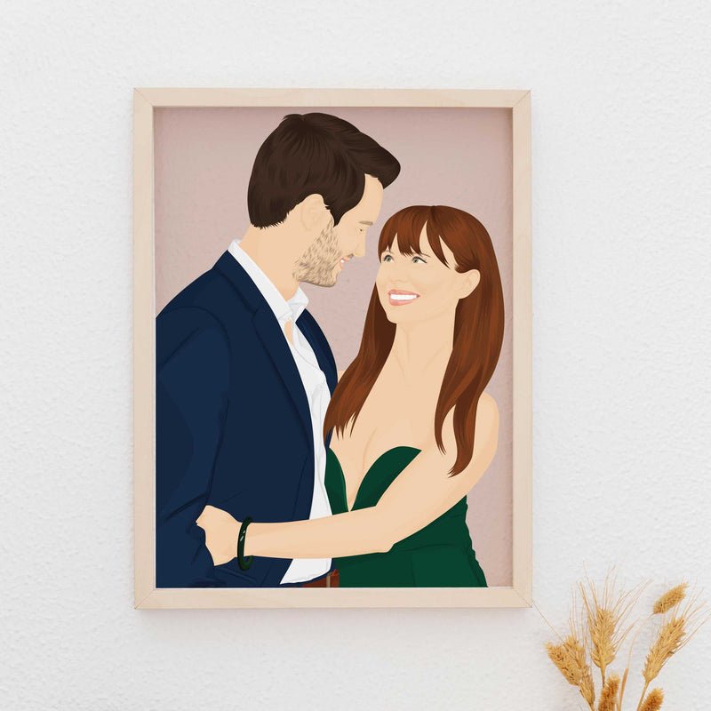 A modern, framed personalized couple portrait. The realistic digital illustration features a man and woman smiling and looking affectionately at each other. This personalized anniversary gift, unique wedding present, or contemporary wall art is ideal for stylish home decor.