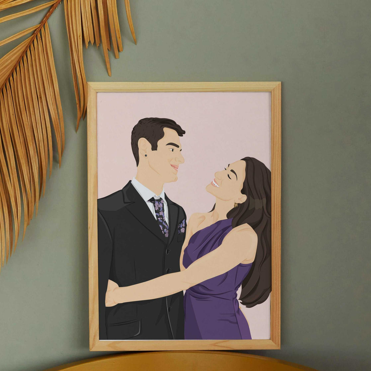 Personalized couple portrait illustration from photo, personalized anniversary gift for boyfriend or husband, cartoon style digital art in purple and black formal attire, romantic wedding or engagement keepsake.