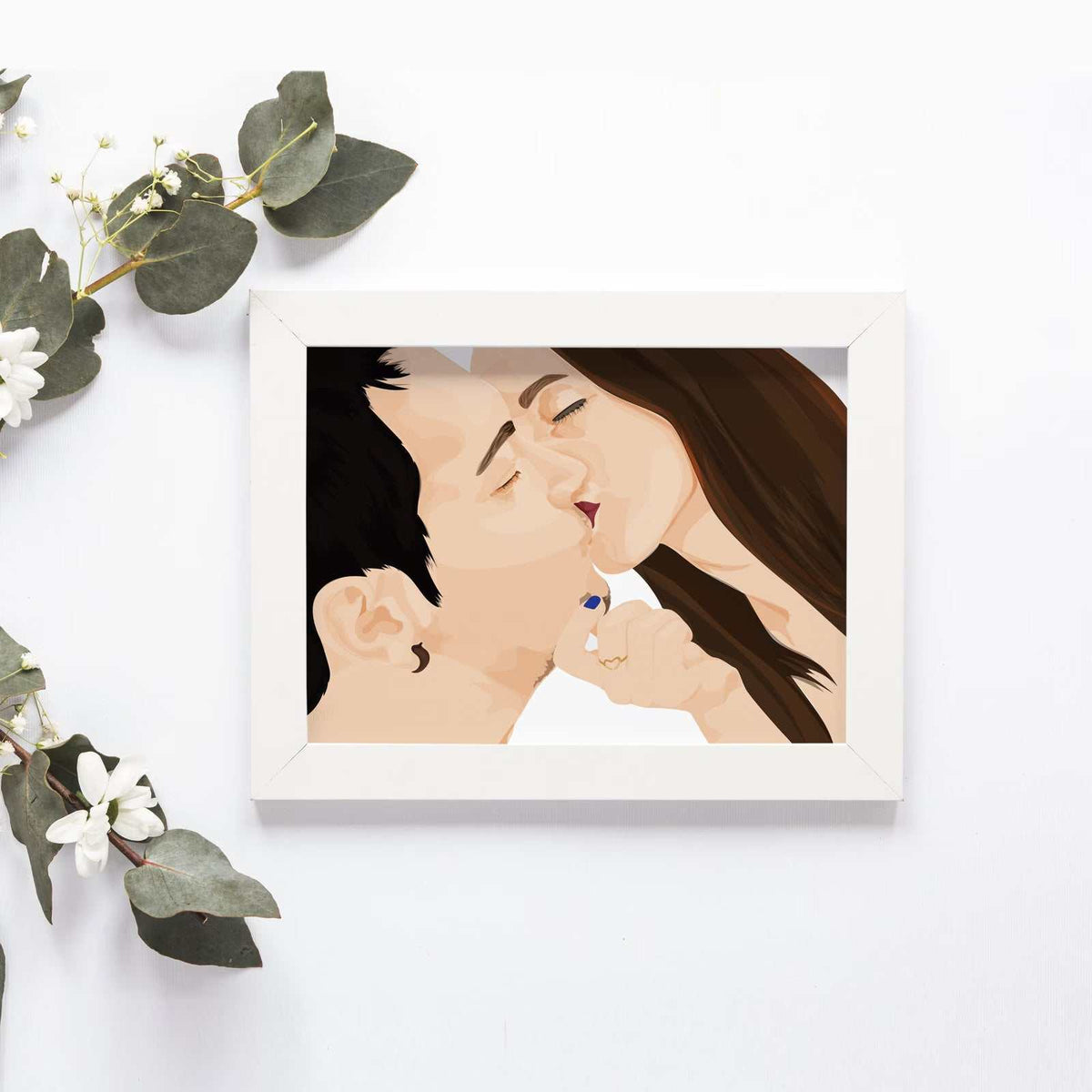 A modern, framed personalized couple portrait. The realistic digital illustration features a couple's kiss. This personalized anniversary gift, unique wedding present, or contemporary wall art is ideal for stylish home decor.