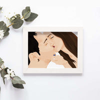 A modern, framed personalized couple portrait. The realistic digital illustration features a couple's kiss. This personalized anniversary gift, unique wedding present, or contemporary wall art is ideal for stylish home decor.