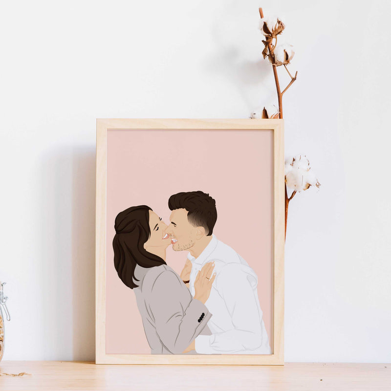 Minimalist couple portrait wall art by CostanzaToniniDesign, man hugging woman, pink background