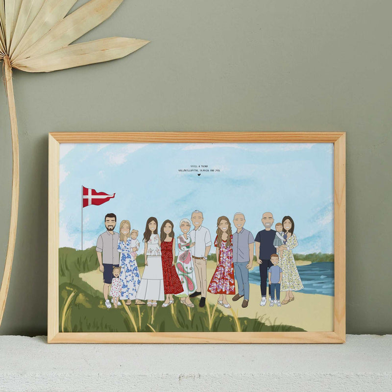 A horizontal custom family drawing inside a light-colored wooden frame. It shows a diverse group of twelve family members are compiled into a single scene, standing on a beach duna next to the ocean. They are wearing colorful summer outfits, and a small flag of Denmark is visible on a flagpole to the left. The art style uses clean lines, faceless features, and a desaturated palette.