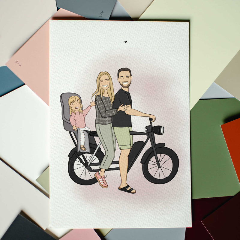 It's a personalized, hand-drawn, family portrait: it shows mom, dad and a toddler riding together a bicycle, smiling. It's printed on a high quality museum paper, ready to frame. A unique keepsake for a new family or for a couple who loves riding bicycle. 