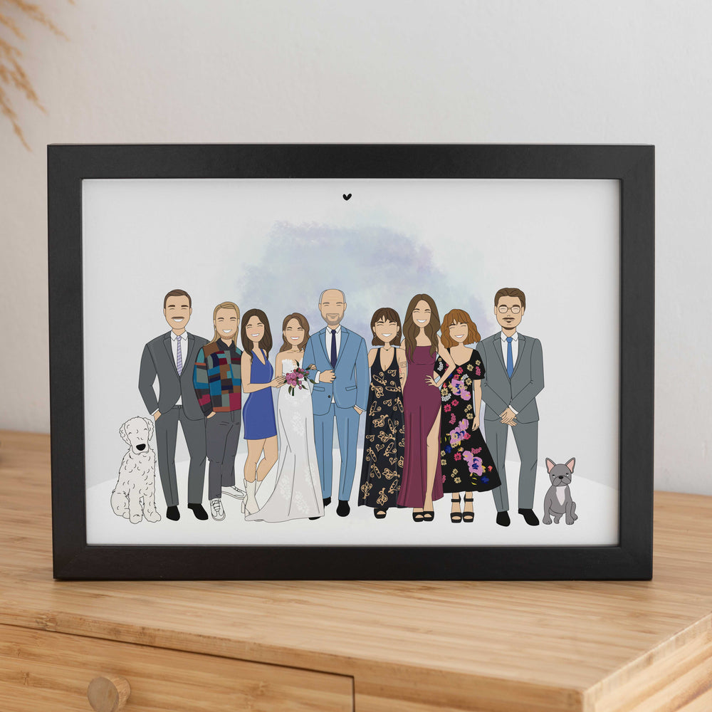 A framed, realistic hand-drawn family portrait illustration of a large group and two dogs, custom-drawn from separate photos for a wedding milestone gift.
