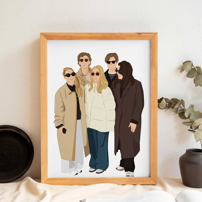 A Personalized Family Portrait Illustration showcased in a vertical wooden frame as neutral home decor. The custom artwork features a hand-drawn group illustration of five best friends or siblings smiling together in stylish winter outfits, trench coats, a puffer jacket, and sunglasses. Crafted as a 100% hand-drawn faceless portrait with clean lines and a modern minimalist aesthetic, this piece represents a unique customized gift for parents, a thoughtful family reunion