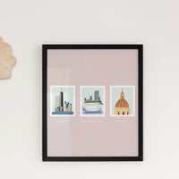 Hand-drawn, Personalized Favorite Places Art Print showing locations as postage stamps, a perfect anniversary gift for couples. It shows Chicago, Milwaukee and Rome.