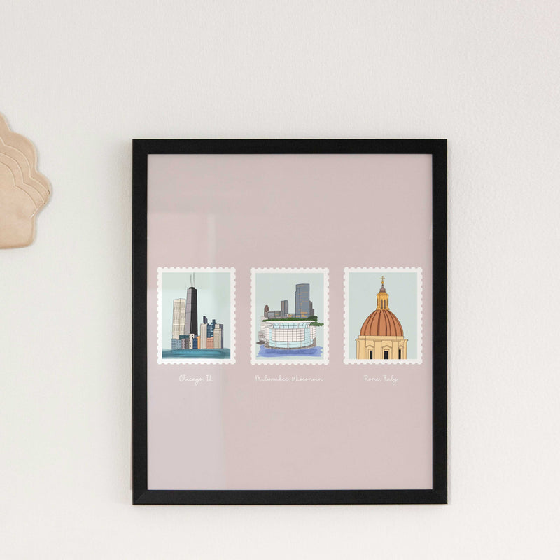 Hand-drawn, Personalized Favorite Places Art Print showing locations as postage stamps, a perfect anniversary gift for couples. It shows Chicago, Milwaukee and Rome.