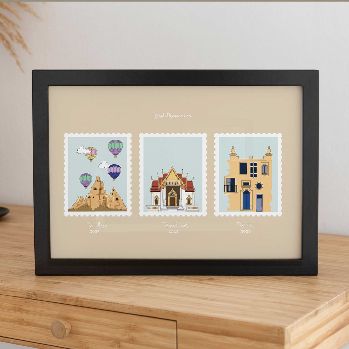 "Our Favourite Places" personalized print featuring three hand-drawn postage stamp illustrations of meaningful locations: Turkey Cappadocia, Thailand and Malta