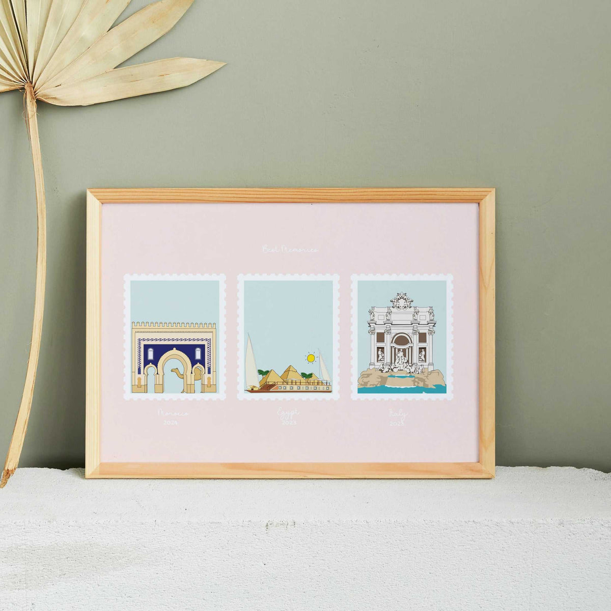 "Our Favourite Places" personalized print featuring three hand-drawn postage stamp illustrations of meaningful locations: Marocco, Egypt and the Trevi Fountain
