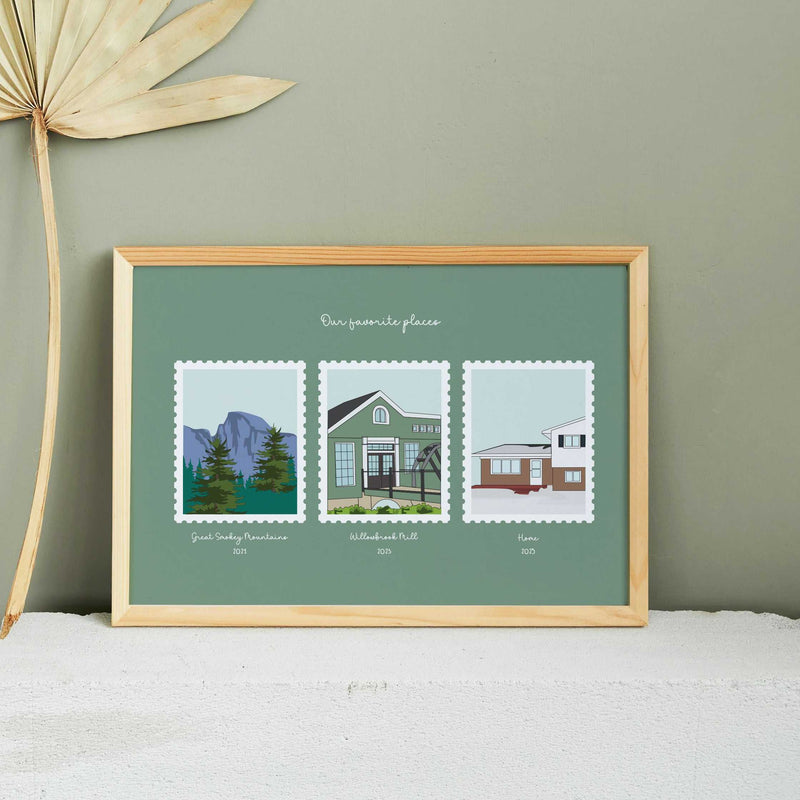 "Our Favourite Places" personalized print featuring three hand-drawn postage stamp illustrations of meaningful locations: Mountain View, where they got married, their home