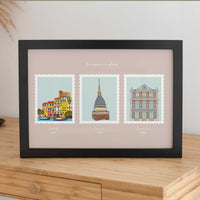 Personalized print "I Vostri Luoghi del Cuore" featuring three hand-illustrated stamps of meaningful places