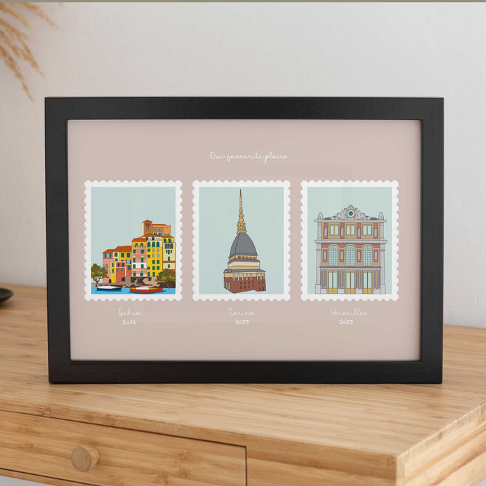 Personalized print "I Vostri Luoghi del Cuore" featuring three hand-illustrated stamps of meaningful places