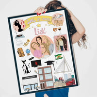 A Personalized Friendship Story Map print featuring an illustration of four smiling friends, surrounded by custom drawings of their favorite places and milestones like a graduation cap, a city skyline, and a dog, held up in a sleek black frame as a birthday gift.