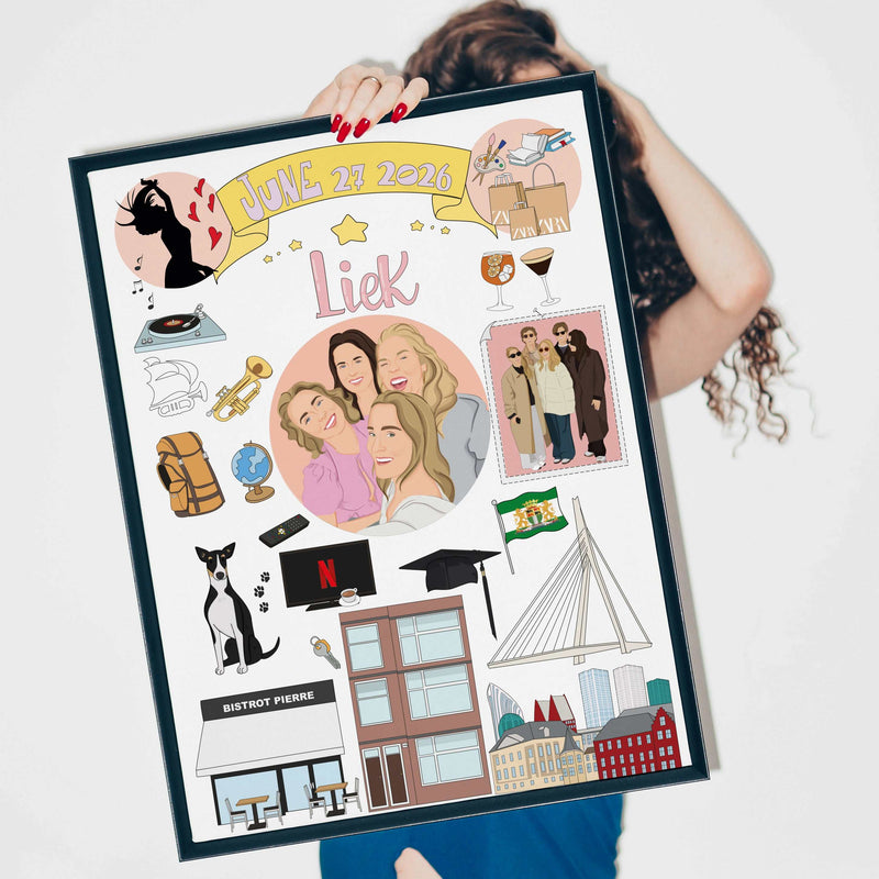 A Personalized Friendship Story Map print featuring an illustration of four smiling friends, surrounded by custom drawings of their favorite places and milestones like a graduation cap, a city skyline, and a dog, held up in a sleek black frame as a birthday gift.