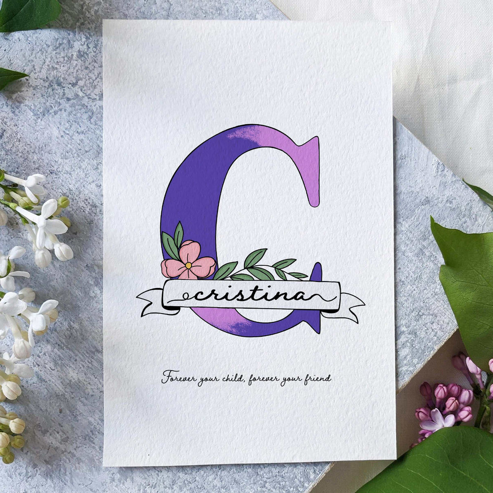 A hand-drawn personalized Mother's Day card featuring a large purple and lilac floral initial "C." A delicate pink flower and green leaves accent a white banner across the letter with the name "Cristina" in elegant black script. The bottom features the heartfelt quote, "Forever your child, forever your friend," set against a clean white background with a textured, artistic feel.