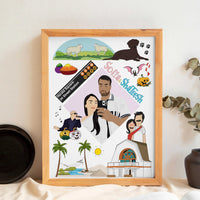 Custom illustrated love story portrait for Valentine’s Day gift featuring a couple's milestones, travel icons like Ireland, a brown labrador  in a modern white frame.