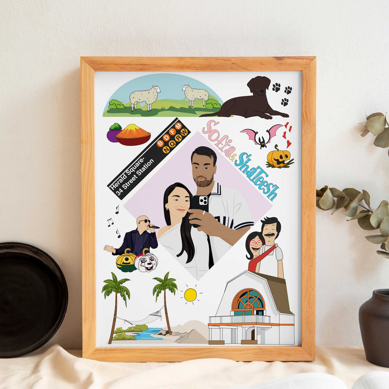 Custom illustrated love story portrait for Valentine’s Day gift featuring a couple's milestones, travel icons like Ireland, a brown labrador  in a modern white frame.