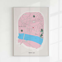 A minimalist personalized map art print of London in pink and blue, featuring a red location pin near The Scalpel and Cannon Street. The custom map includes hand-drawn street details, a river, and 'Since 2022' text at the bottom. Framed against a white wall with soft shadows.