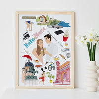 Custom illustrated love story portrait for Valentine’s Day gift featuring a couple's milestones, travel icons like Vienna and Chicago, and wedding anniversary date in a modern wooden frame.