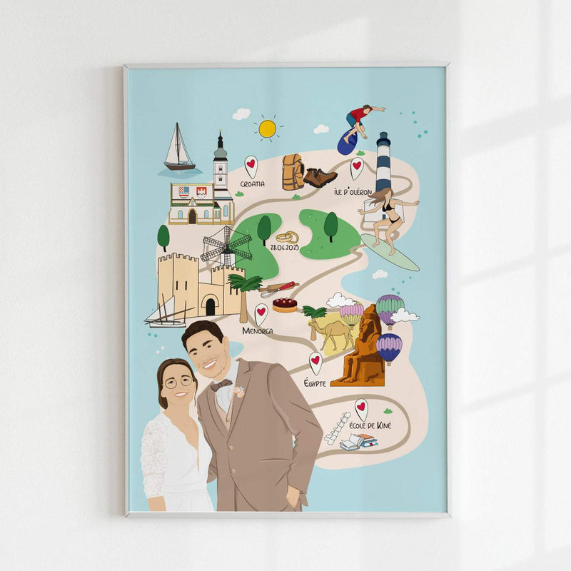 A vibrant, custom 'Our Story' map illustration print, featuring a central portrait of a smiling couple surrounded by colorful hand-drawn elements representing their interests and significant life events. This is an ideal personalized anniversary gift, unique wedding present, or relationship timeline art.