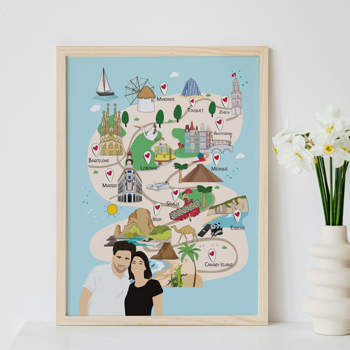 A vibrant, custom 'Our Story' map illustration print, featuring a central portrait of a smiling couple surrounded by colorful hand-drawn elements representing their interests and significant life events. This is an ideal personalized anniversary gift, unique wedding present, or relationship timeline art.