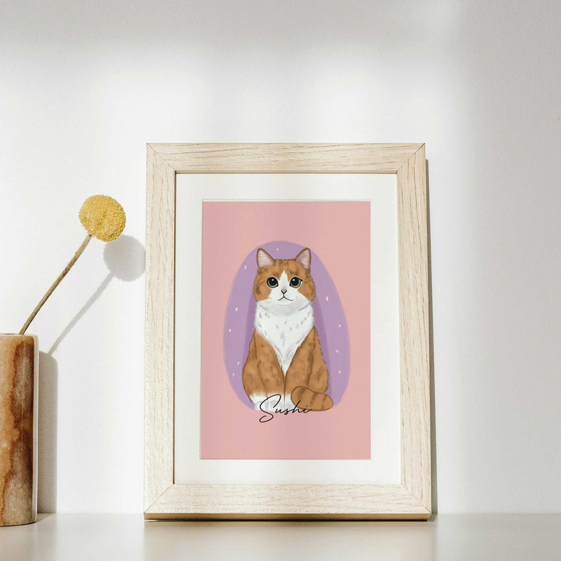 Personalized cat portrait print featuring a hand-drawn illustration of a ginger and white cat named “Sushi,” soft pastel pink background, minimalist modern style wall art, custom pet illustration gift for cat lovers and pet parents.