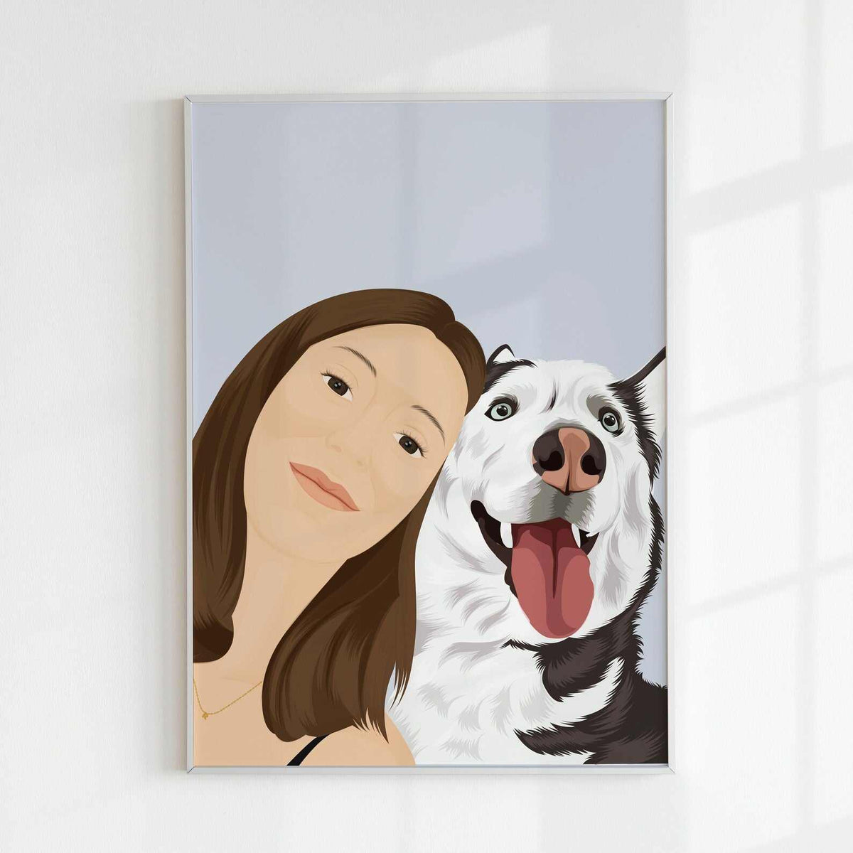 A personalized pet and owner portrait featuring a smiling woman alongside her happy Siberian Husky, hung on a white wall as a thoughtful dog adoption anniversary gift.