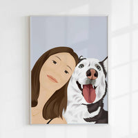 A personalized pet and owner portrait featuring a smiling woman alongside her happy Siberian Husky, hung on a white wall as a thoughtful dog adoption anniversary gift.