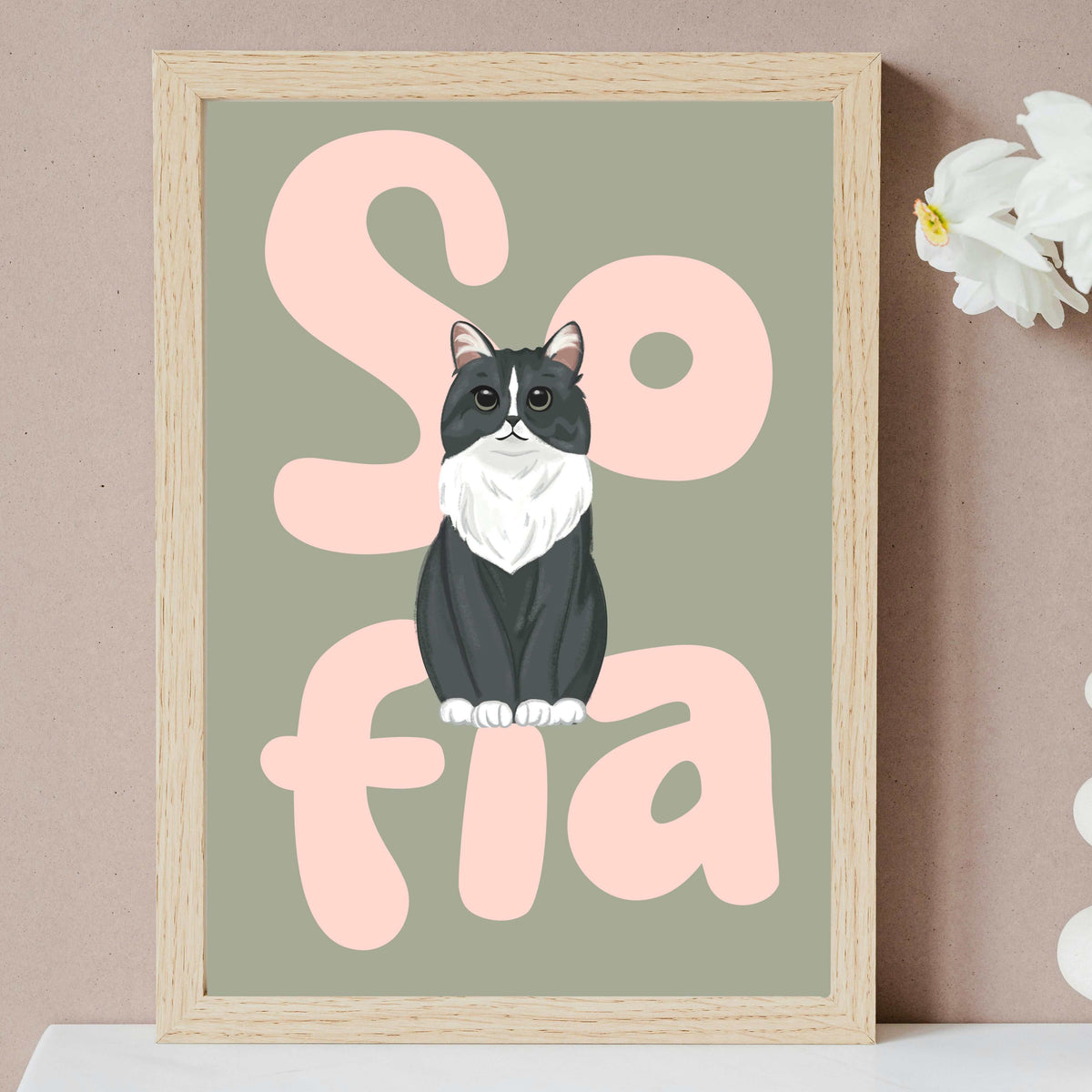 Personalized pet portrait print featuring a hand-drawn illustration of a cat with the name “Sofia” in bold modern lettering, pastel green background, minimalist style wall art, unique custom gift for dog lovers and pet owners.