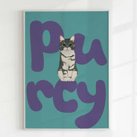 Personalized pet portrait print featuring a hand-drawn illustration of a cat with the name “Purcy” in bold modern lettering, ottane background, minimalist style wall art, unique custom gift for dog lovers and pet owners.