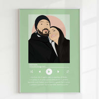 Personalized Spotify Print Art, with a couple portrait, love song lyrics, pastel green background