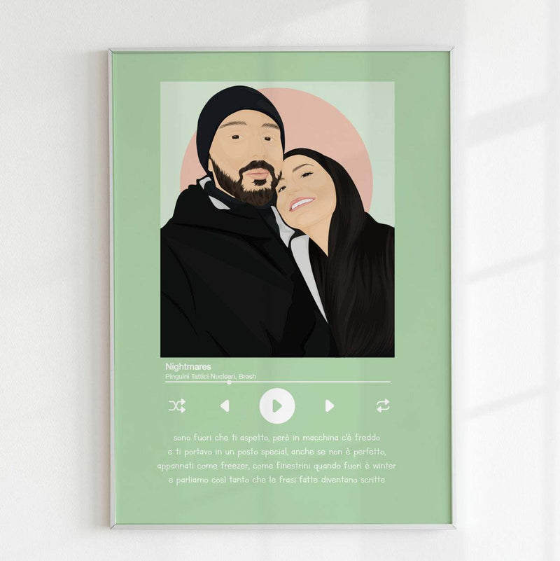Personalized Spotify Print Art, with a couple portrait, love song lyrics, pastel green background