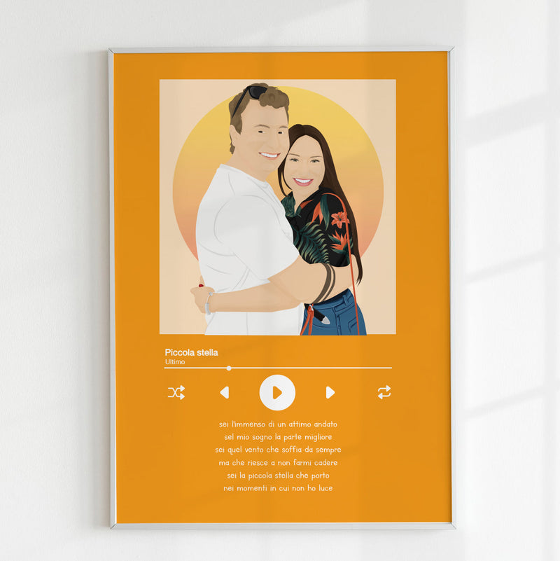 Ritratto di coppia personalizzato in stile Spotify con illustrazione e testo significativo