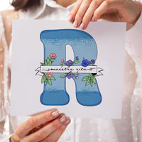 Personalized teacher floral letter illustration, a unique gift for a teacher from students. The hand-drawn initial "R" is light blue with floral accents and a custom name banner. This A5/A4 print is a thoughtful last-minute teacher thank you gift that can be customized with personal quotes for a heartfelt classroom keepsake.