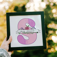 Custom hand-drawn floral letter "S" for Miss Stewart. A unique, personalized teacher gift from students featuring a name banner and realistic flowers. The perfect last-minute, budget-friendly thank you gift that teachers actually want.